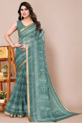 women's block print kota doria saree -teal