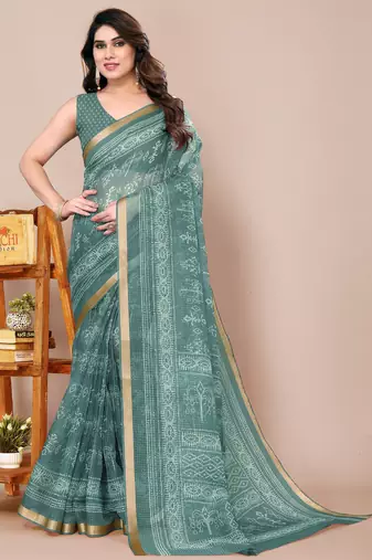 women's block print kota doria saree -teal
