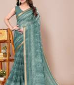 women's block print kota doria saree -teal