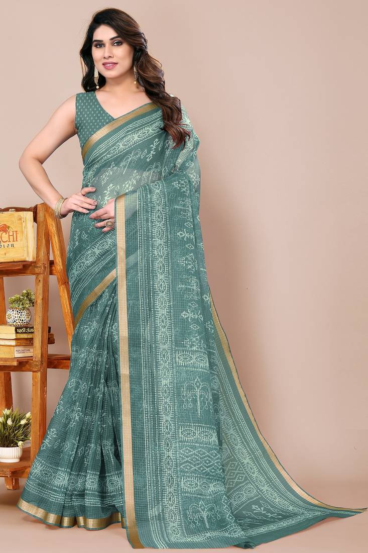 women's block print kota doria saree -teal