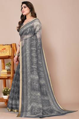 women's block print kota doria saree -grey 4