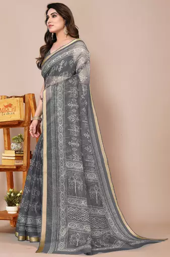 women's block print kota doria saree -grey