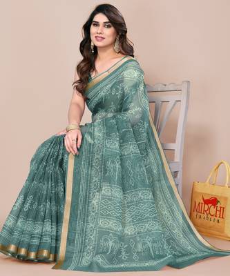 women's block print kota doria saree -teal 2