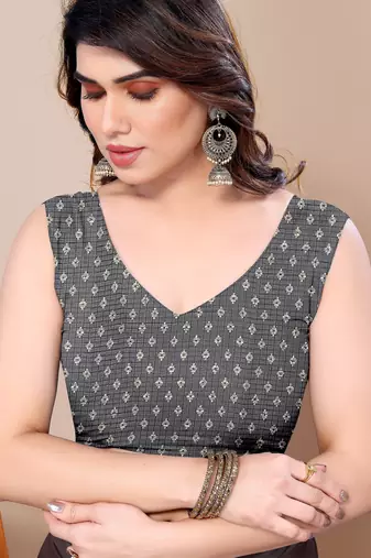 women's block print kota doria saree -grey