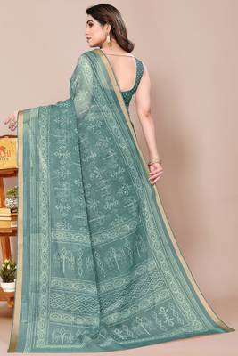 women's block print kota doria saree -teal 3