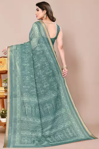 women's block print kota doria saree -teal