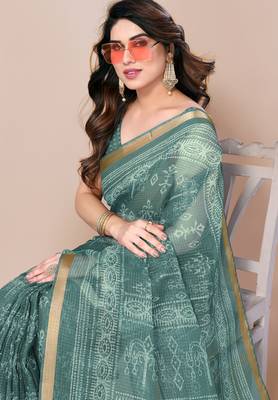 women's block print kota doria saree -teal 5