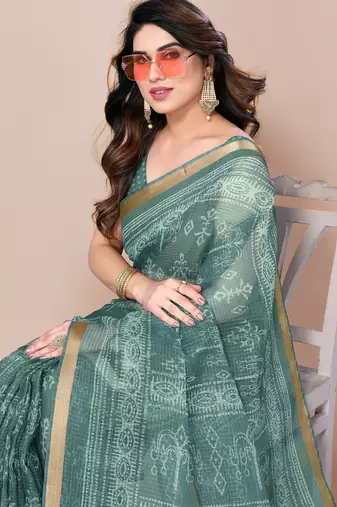 women's block print kota doria saree -teal