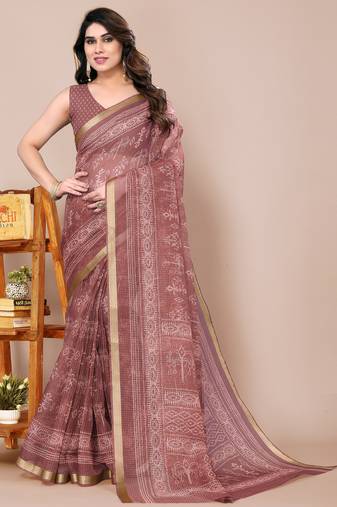 women's block print kota doria saree -pink