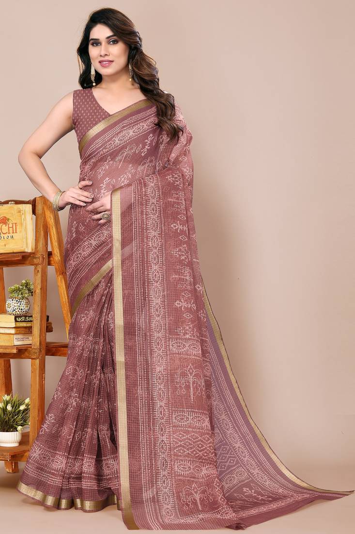 women's block print kota doria saree -pink