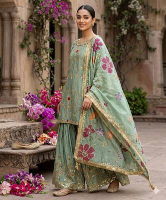 Sage green floral sharara ensemble 3