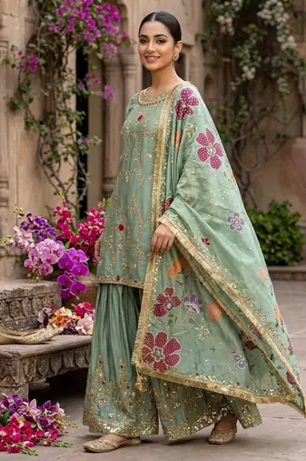 Sage green floral sharara ensemble