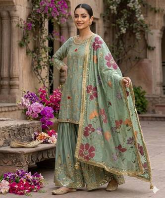 Sage green floral sharara ensemble 4