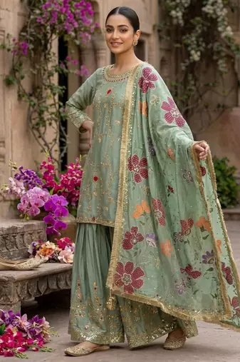 Sage green floral sharara ensemble