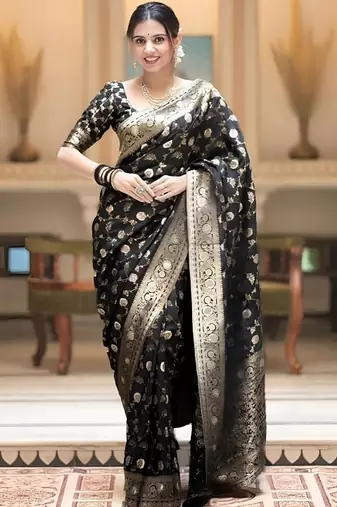 Black zari woven silk saree elegant banarasi style wedding wear with blouse