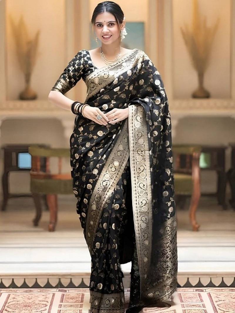 Black zari woven silk saree elegant banarasi style wedding wear with blouse