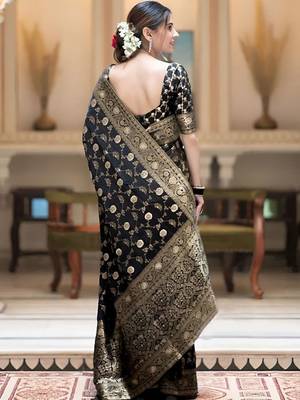 Black zari woven silk saree elegant banarasi style wedding wear with blouse 2