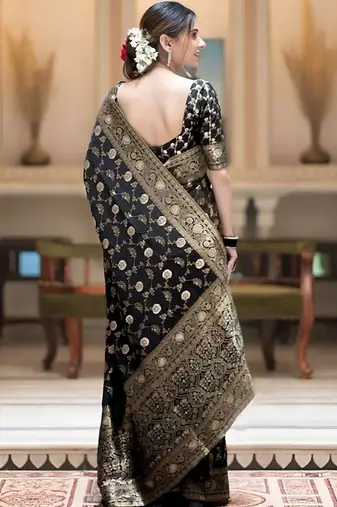 Black zari woven silk saree elegant banarasi style wedding wear with blouse
