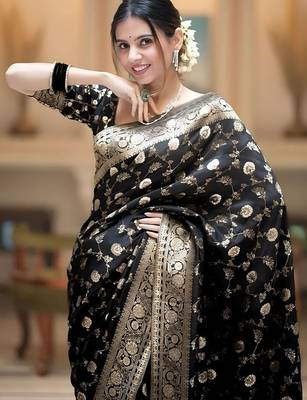 Black zari woven silk saree elegant banarasi style wedding wear with blouse 4