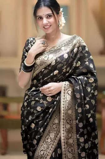 Black zari woven silk saree elegant banarasi style wedding wear with blouse