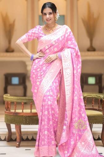 Light pink zari woven silk saree elegant banarasi style wedding wear with blouse