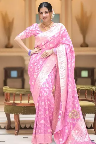 Light pink zari woven silk Blend saree with blouse