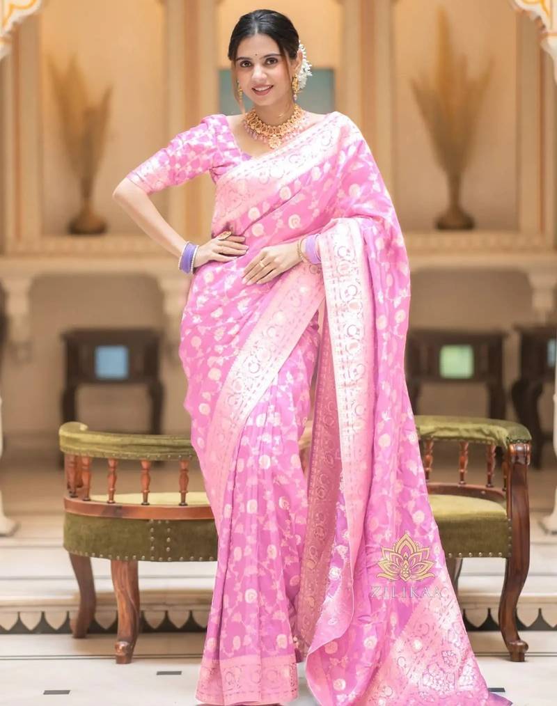 Light pink zari woven silk Blend saree with blouse
