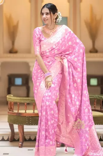 Light pink zari woven silk Blend saree with blouse
