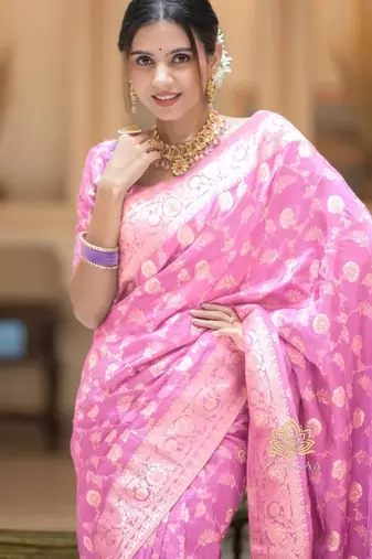 Light pink zari woven silk Blend saree with blouse