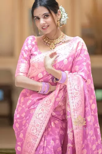 Light pink zari woven silk Blend saree with blouse