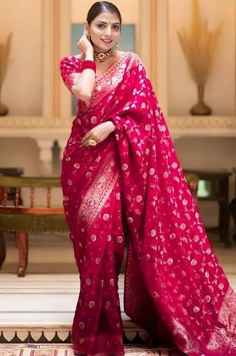 Rani zari woven silk saree elegant banarasi style wedding wear with blouse