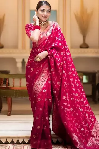 Rani zari woven silk saree elegant banarasi style wedding wear with blouse
