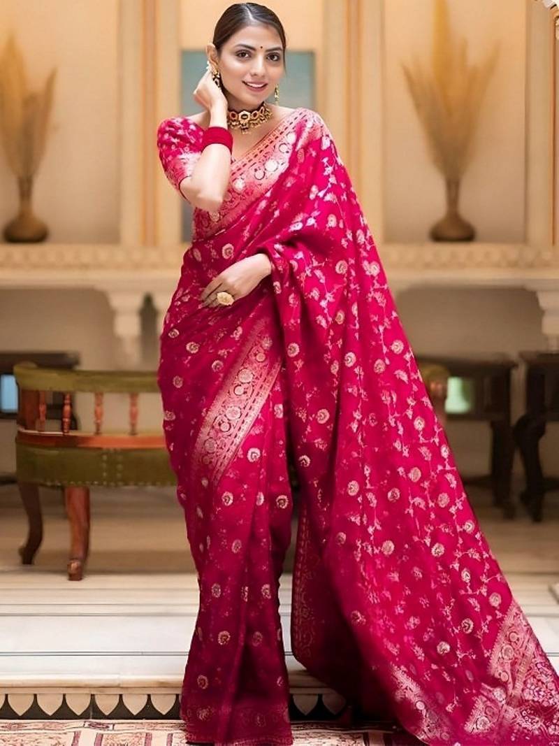 Rani zari woven silk saree elegant banarasi style wedding wear with blouse