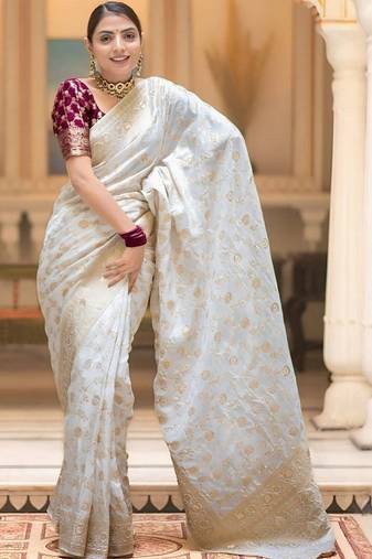 White zari woven silk saree elegant banarasi style wedding wear with blouse