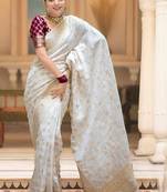 White zari woven silk saree elegant banarasi style wedding wear with blouse