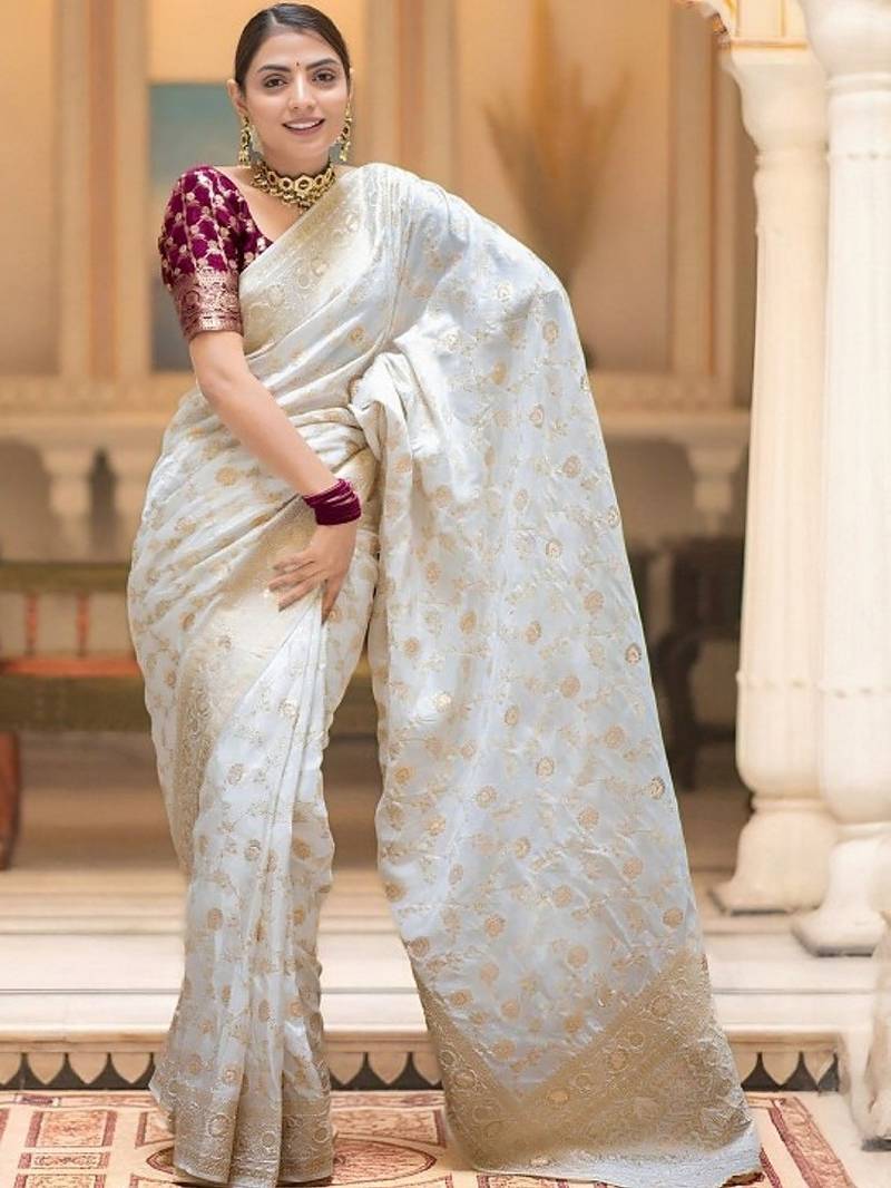 White zari woven silk saree elegant banarasi style wedding wear with blouse