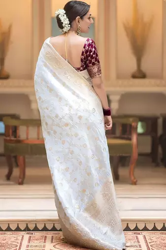 White zari woven silk saree elegant banarasi style wedding wear with blouse