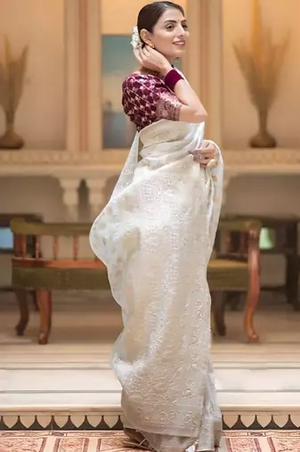 White zari woven silk saree elegant banarasi style wedding wear with blouse