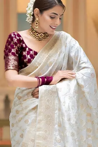 White zari woven silk saree elegant banarasi style wedding wear with blouse