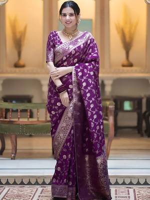 Wine zari woven silk saree elegant banarasi style wedding wear with blouse 1