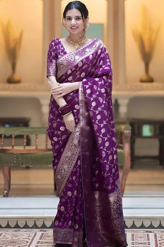 Wine zari woven silk saree elegant banarasi style wedding wear with blouse