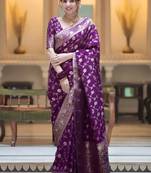 Wine zari woven silk saree elegant banarasi style wedding wear with blouse