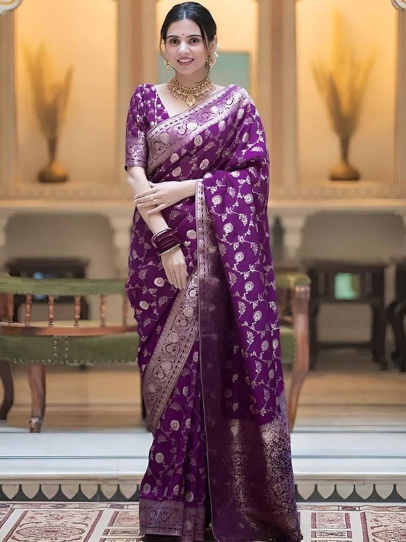 Wine zari woven silk saree elegant banarasi style wedding wear with blouse