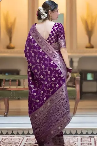 Wine zari woven silk saree elegant banarasi style wedding wear with blouse