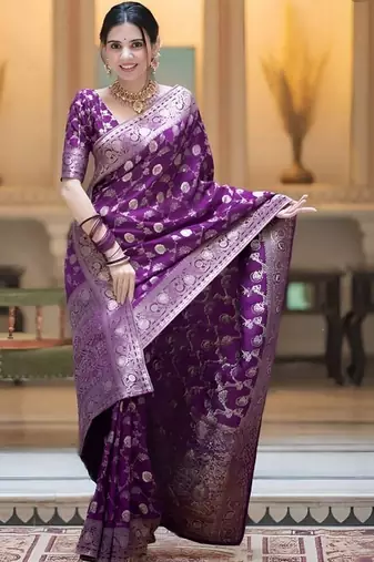 Wine zari woven silk saree elegant banarasi style wedding wear with blouse