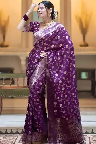 Wine zari woven silk saree elegant banarasi style wedding wear with blouse