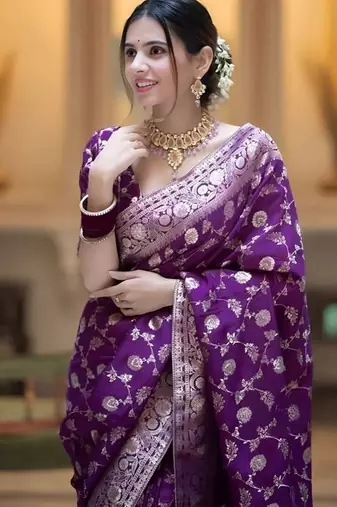 Wine zari woven silk saree elegant banarasi style wedding wear with blouse