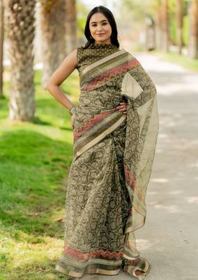 women's floral print kota doria saree -green 1