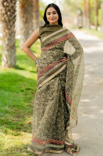 women's floral print kota doria saree -green