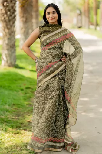 women's floral print kota doria saree -green